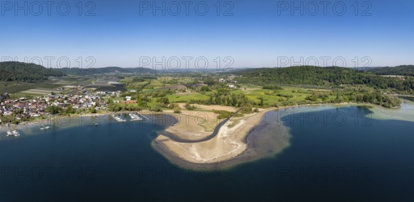 Aerial view, panorama of the mouth of the Stockacher Aach at low water, which flows into Lake