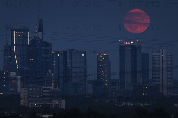 The red full moon passes over Frankfurt's banking skyline. Because of its reddish colour when it