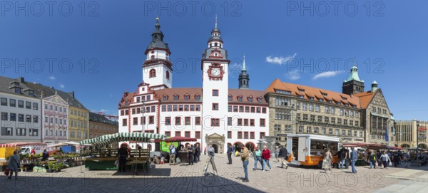 Market day on the market square, panorama with Siegertsches Haus, tower of the Jakobikirche, Old