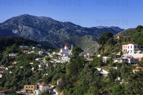 Mountain village of Lakkoi with Agios Antonios church, Crete, Greece