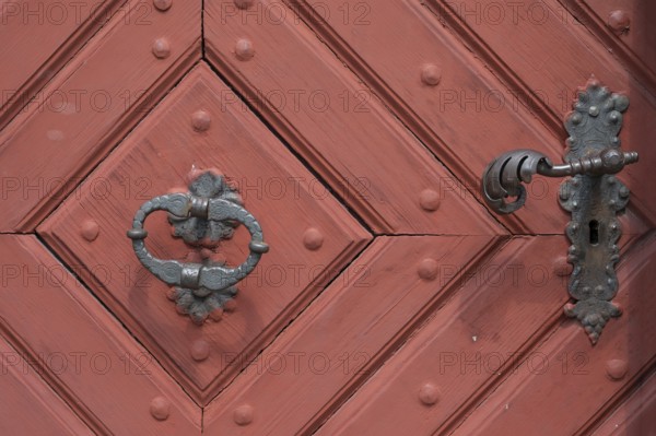 Historic door knocker and door lock on the Probstenhof Tor tor, late baroque, Zeil am Main, Lower