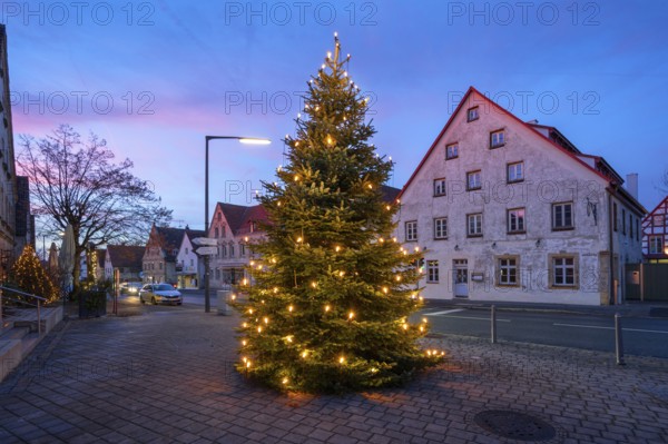 Illuminated Christmas tree on the village square at dusk, Eschenau, Middle Franconia, Bavaria,