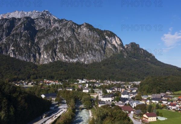Drone shot, Untersberg, view of the village with pilgrimage church, Sankt Leonhard, Grödig,