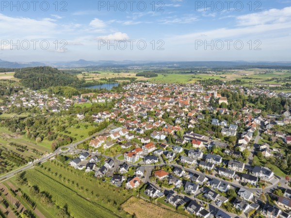 Aerial view of the municipality of Steißlingen, on the horizon the Hegauberge, district of