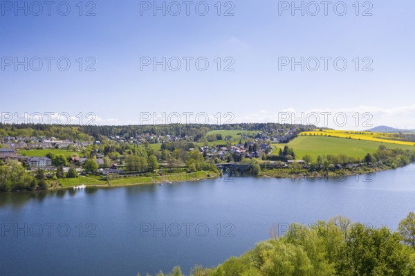 Malter, town view with dam and Weißeritz valley railway, in the background the Luchberg, aerial