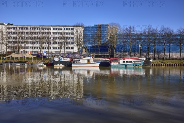 River Saar, ships, modern architecture, concrete architecture, former tax office, abstract