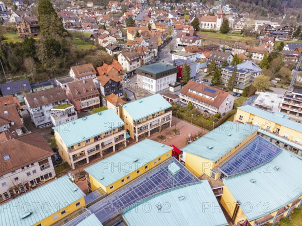 Overview of a residential area with colourful roofs and hills in a small town, Bad Liebenzell,