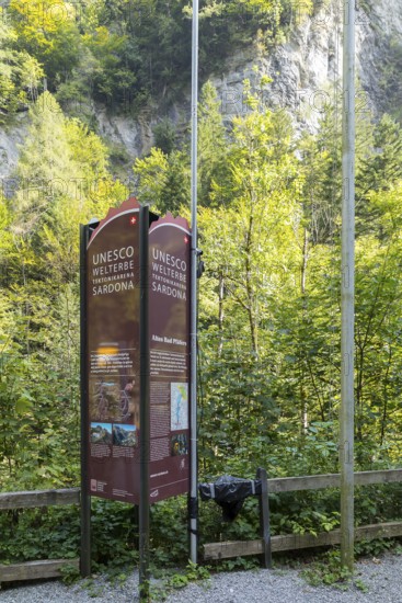 Information board on the Unesco World Heritage Site in the Old Pfäfers Baths in the Tamina Gorge,