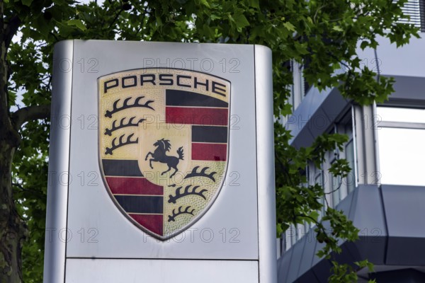 Porsche headquarters at Porscheplatz in Zuffenhausen. Logo of the sports car manufacturer.