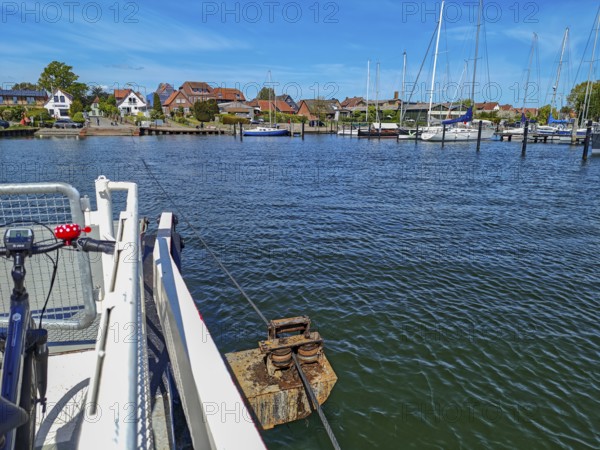 View of Germany's smallest town Arnis on the Schlei, grinding ferry, cable ferry for people and