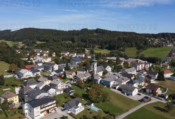 Drone image, view of the village with parish church, Ampflwang im Hausruckwald, Hausruckviertel,