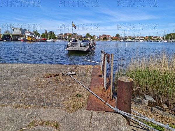 View of Germany's smallest town Arnis on the Schlei, grinding ferry, cable ferry for people and