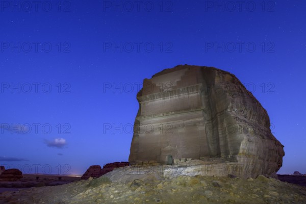 Qasr Al-Farid, 2000 year old Nabataean tomb, blue hour, Hegra or Mada'in Salih, AlUla region,