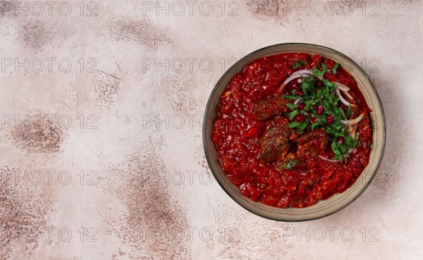 Chashushuli, a traditional Georgian dish, spicy, stewed meat with tomatoes and spices, homemade, no