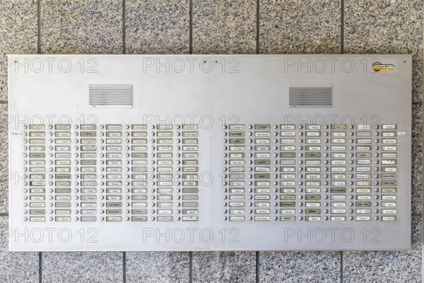 Large doorbell system with intercom on a high-rise building, Chemnitz, Saxony, Germany