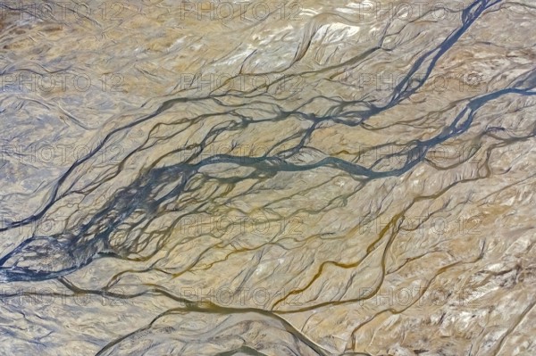 Aerial view over river delta at Skansbukta in the outer Billefjorden, Billefjord, southeast of