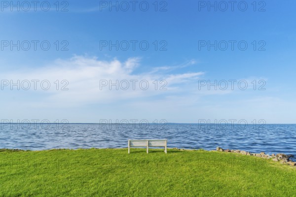Isolated, white, empty bench in a meadow on the shore of the Szczecin Lagoon in the village of