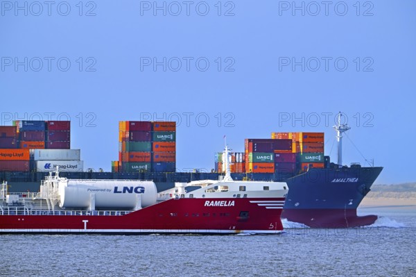 Container ship, containership Amalthea loaded with containers and oil, chemical tanker Ramelia