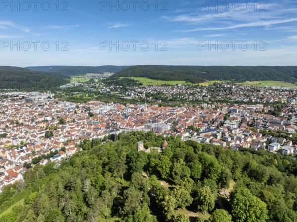 Aerial view of the town of Tuttlingen, in the foreground the ruins of Honburg Castle on the
