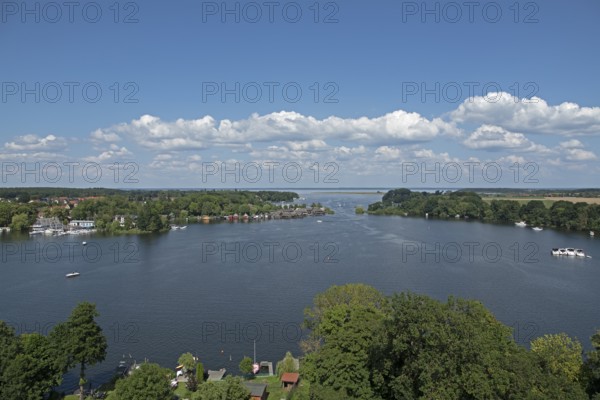 View from the tower of St Mary's Church, Müritz, lake, boats, boathouses, holiday homes, Röbel,