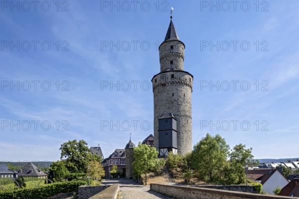Witches' tower, keep of Idstein Castle, butter barrel tower, front bridge over the Halsgraben,