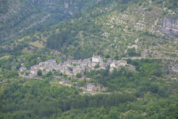 View to the village of Montbrun, mountain hike Les Moines, Gorges du Tarn Causses, Département