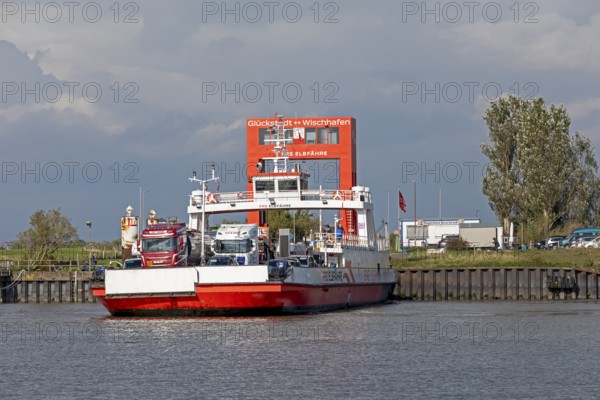Wischhaven-Glückstadt-Fähre is located at the ferry terminal, Glückstadt, Elbe, Schleswig-Holstein,