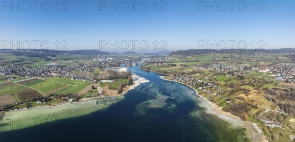 Aerial view, panorama of Lake Constance, Untersee, also known as Lake Rhine, at low tide, which