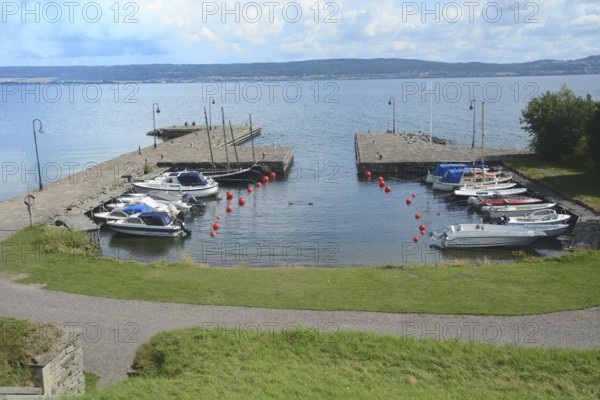 Small harbor with pleasure boats on the island of Visingsö, lake Vättern, Jönköping municipality,