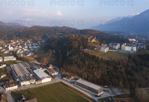 Drone image, residential buildings, settlement area, Jagdberg ruins, Schlins, Walgau, Vorarlberg,