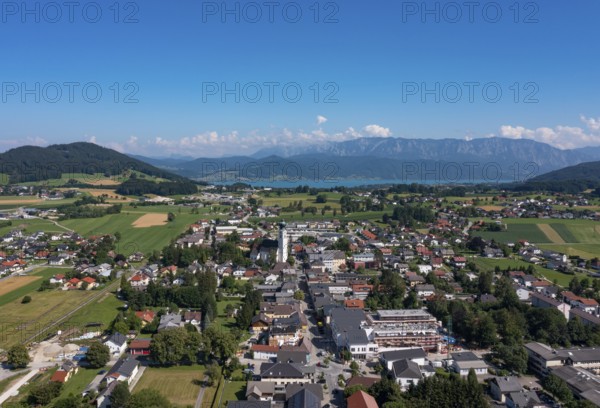 Drone shot, panorama shot, agricultural landscape, Sankt Georgen im Attergau, Salzkammergut,