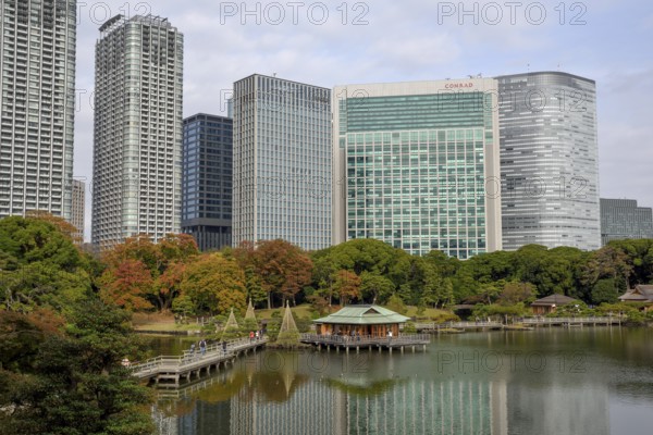 Hamarikyu Park, Imperial Garden of Hama Residence, in front of Skyline, Chuo District, Tokyo,