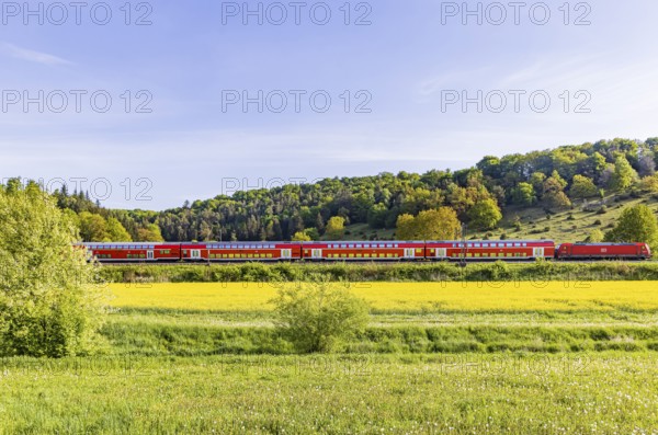 RegionalExpress RE5 to Friedrichshafen travelling over the Swabian Alb. Idyllic landscape near