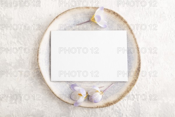 White paper invitation card, mockup with crocus flowers on ceramic plate and gray concrete