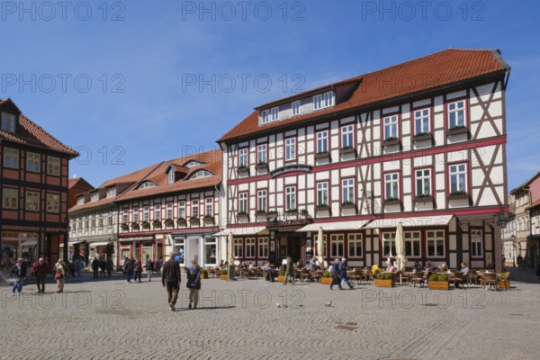 Hotel and restaurant at the market place, half-timbered houses, Wernigerode, Harz, Saxony-Anhalt,