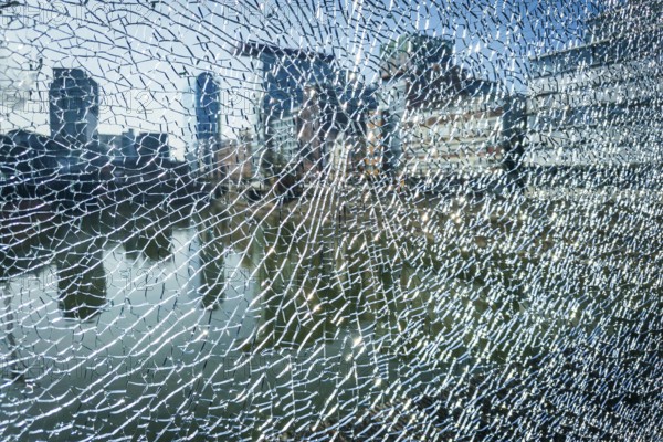 Shattered glass pane, crime, vandalism, harbour, Düsseldorf, North Rhine-Westphalia, Germany