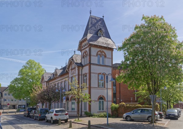Old town hall Geesthacht at the Rathaussctrasse, in front of it a blossoming chestnut tree in