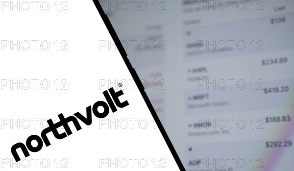 northvolt logo is displayed on smartphone. Northvolt AB is a Swedish battery developer and
