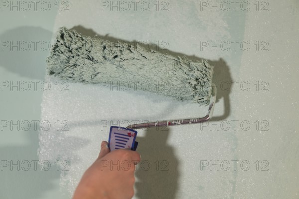 Person paints wall with light green paint and holds paint roller for painting work, Stuttgart,