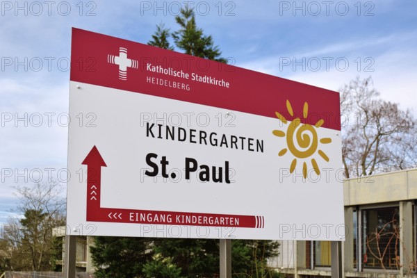 Heidelberg, Germany - February 20th 2025: Sign at entrance of Catholic City Church St. Paul's
