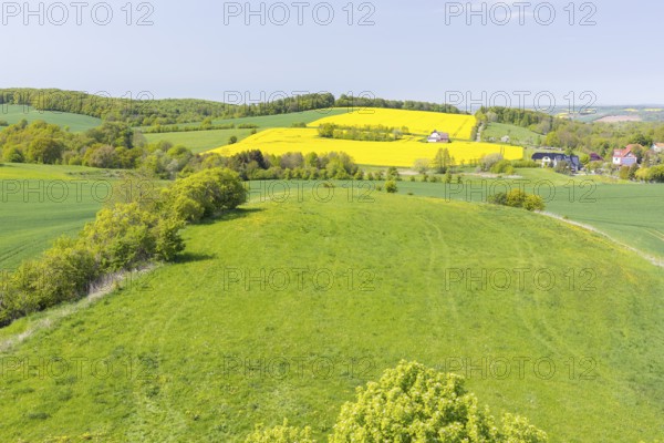 View of fields and pastures from the historic Wartturm Wehnder Warte, Lindenberg im Eichsfeld,