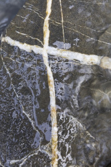 White inclusions in a stone in the shape of a cross, Tamina Gorge between Bad Pfäfers and Bad
