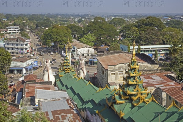 View over the city Pyay, Prome seen from the Buddhist Shwesandaw pagoda, Bago Region, Myanmar,