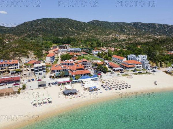 Aerial view, beach, Kalamitsi, Sithonia, Chalkidiki, Central Macedonia, Greece