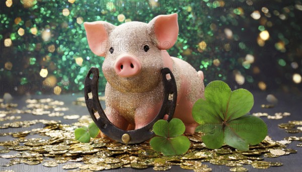 AI generated, A lucky charm for New Year's Eve, Pig, Piggy, Horseshoe, Shamrock confetti, Happy New