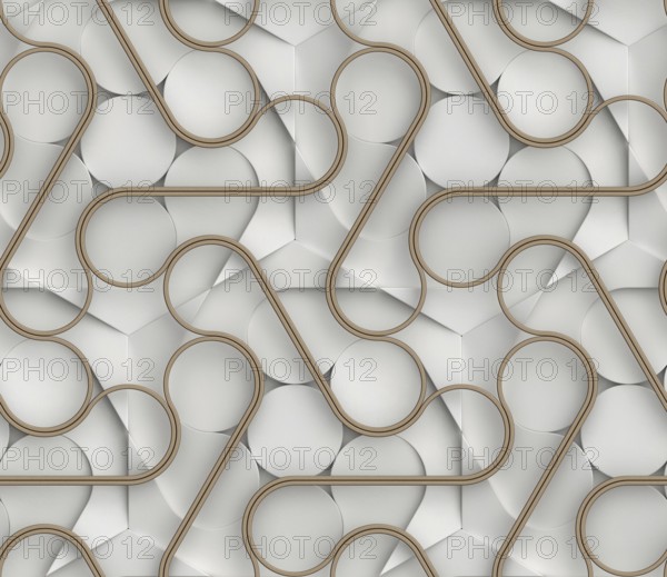 White 3D seamless wallpaper design with interwoven brown ribbon-like forms, presenting a modern and