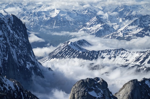 Snow and ice, epic mountains with glaciers, aerial view, Alaska Range, Denali National Park,
