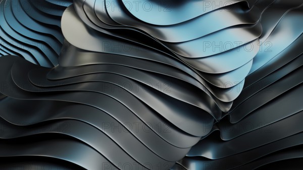 Close up of smooth, metallic wave patterns with blue light reflections, creating a futuristic and
