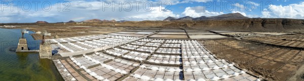 Salt mining plant, Salinas de Janubio with green Laguna de Janubio, near Yaiza, aerial view,