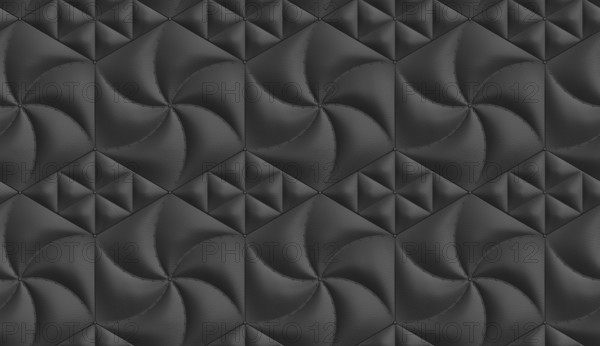 Modern black 3D wallpaper with textured leather hexagonal and rhombus-shaped soft panels, creating